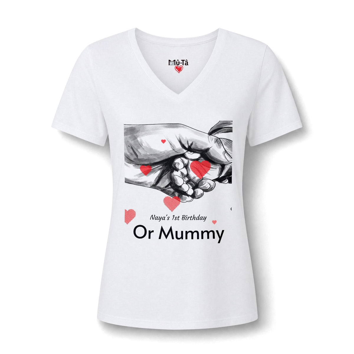 T-shirt col V « Always My Mummy » Muta, porté de face