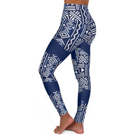High-Waisted Navy Tribal Ndop Print Yoga Leggings — Blue Aztec Pattern Activewear