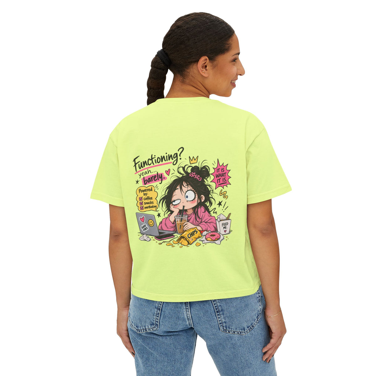 T-shirt boxy « Functioning? Yeah…Barely » Muta coloris Neon Lemon, imprimé dos porté