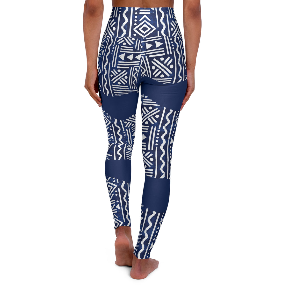 High-Waisted Navy Tribal Ndop Print Yoga Leggings — Blue Aztec Pattern Activewear