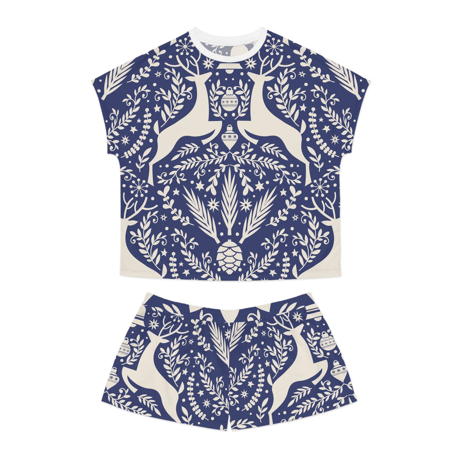 Ensemble pyjama court Muta à imprimé cerf folk bleu indigo