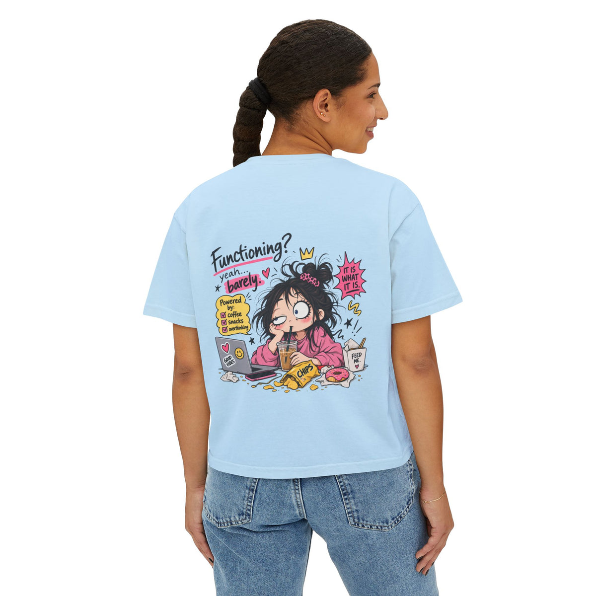T-shirt boxy « Functioning? Yeah…Barely » Muta coloris Chambray, coton teint en pigment
