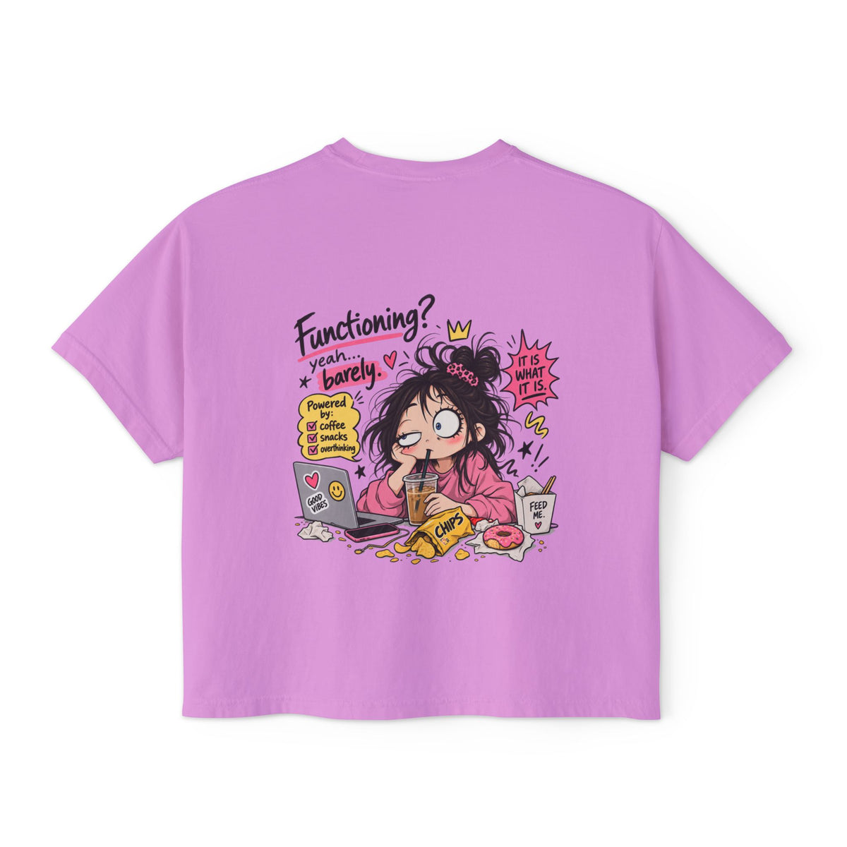 T-shirt boxy « Functioning? Yeah…Barely » Muta, vue de dos sur mannequin