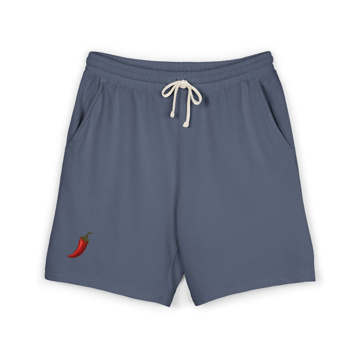 Short molleton Muta coloris Blue Jean, broderie piment rouge, vue de face