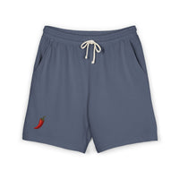 Short molleton Muta coloris Blue Jean, broderie piment rouge, vue de face