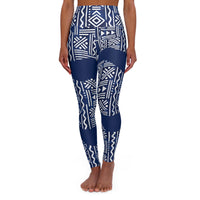 High-Waisted Navy Tribal Ndop Print Yoga Leggings — Blue Aztec Pattern Activewear