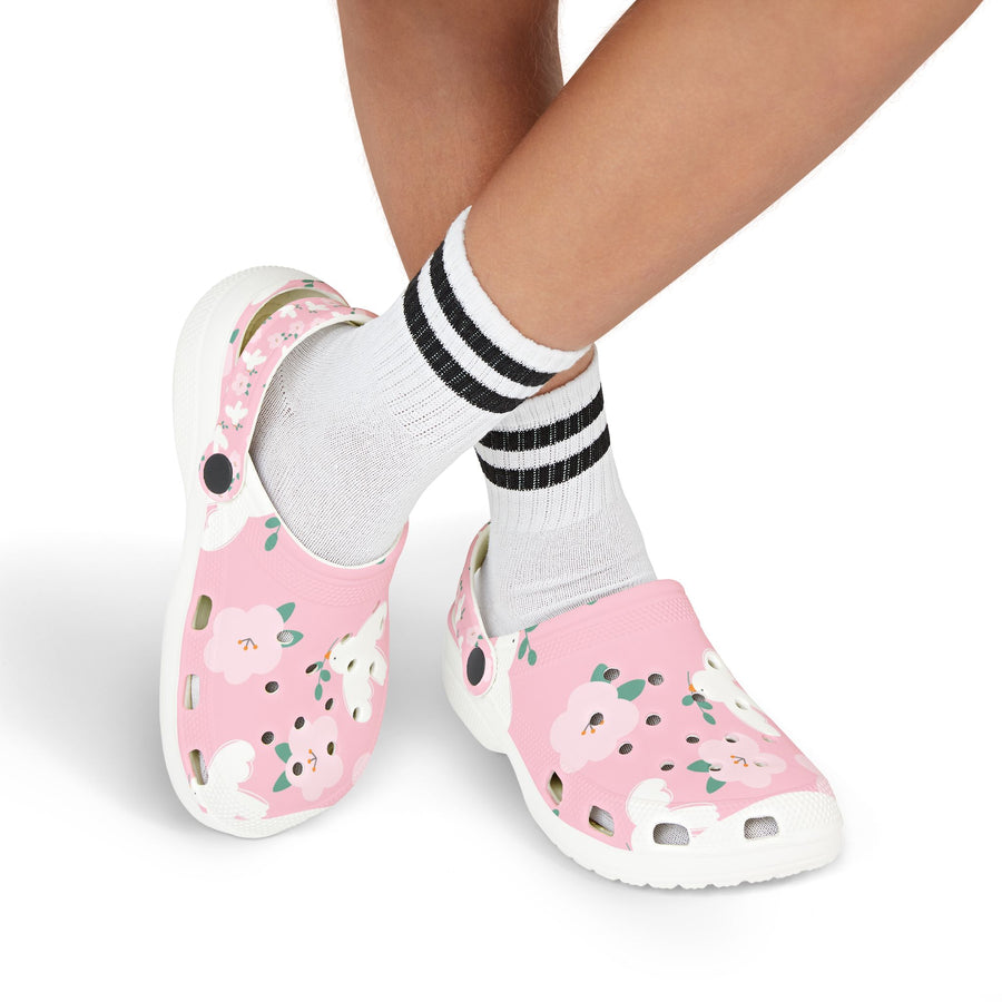 Sabots enfant Muta à imprimé floral rose et motif lapin, vue de face