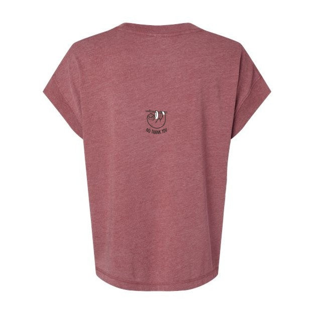 T-shirt Muta coloris bordeaux délavé, vu de dos avec petit imprimé paresseux « No Thank You »