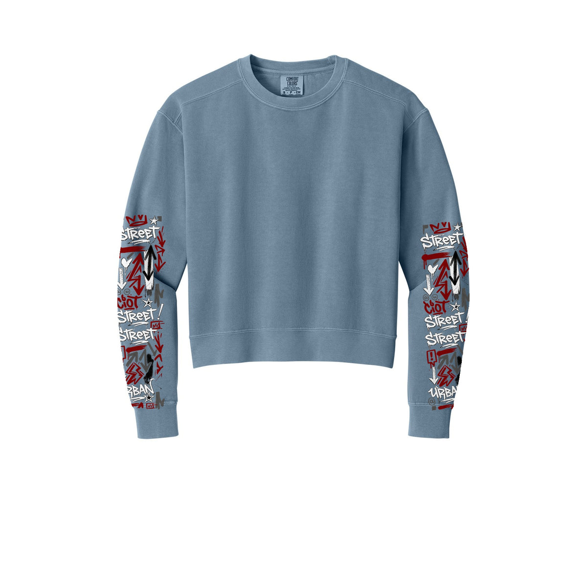 Sweat-shirt Muta à imprimés graffiti sur les manches, coloris Blue Jean, vue de face