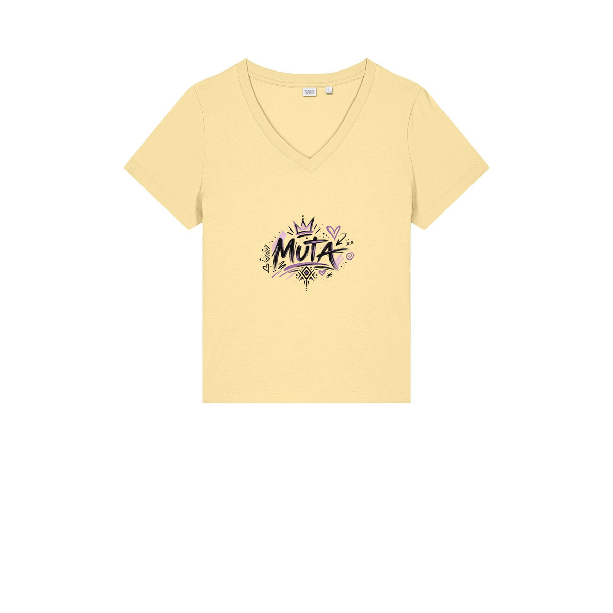T-shirt col V « MUTA » Muta coloris Natural Raw, porté de face