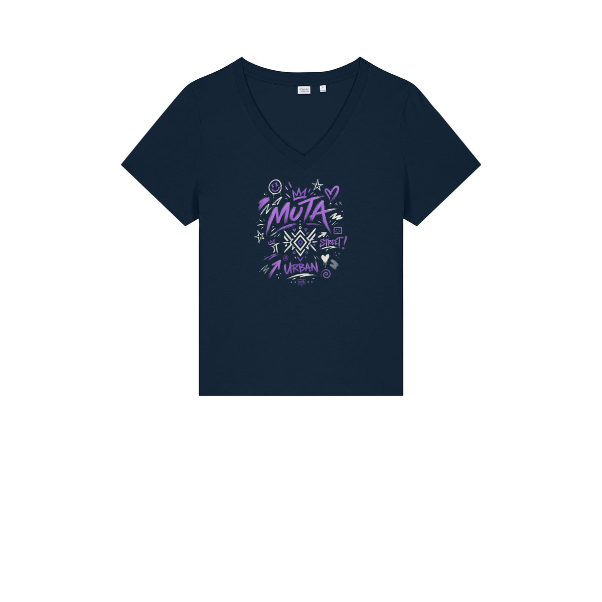 T-shirt col V Muta en coton bio coloris French Navy, porté de face
