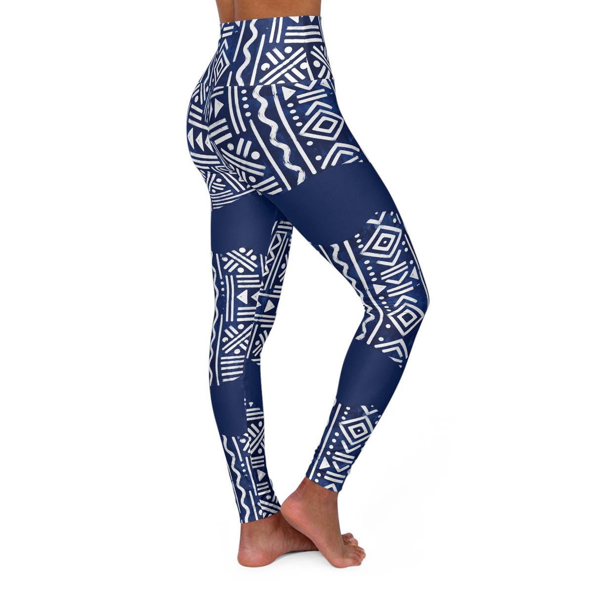 High-Waisted Navy Tribal Ndop Print Yoga Leggings — Blue Aztec Pattern Activewear