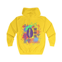 Sweat à capuche zippé Muta jaune, imprimé coquillages coloré au dos