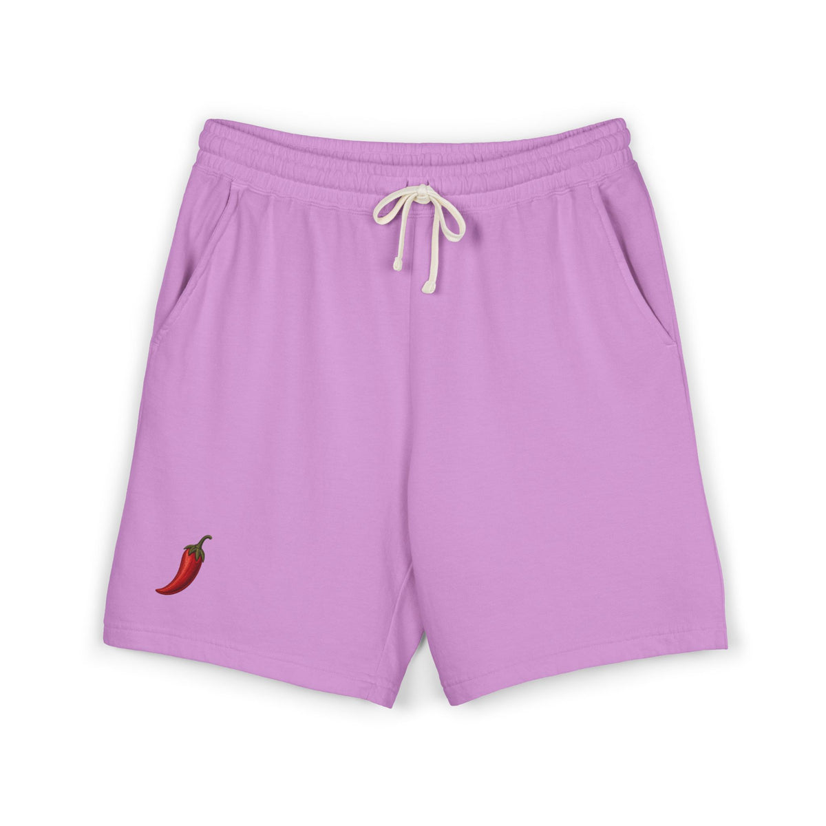 Short molleton Muta coloris Neon Violet, broderie piment rouge, vue de face