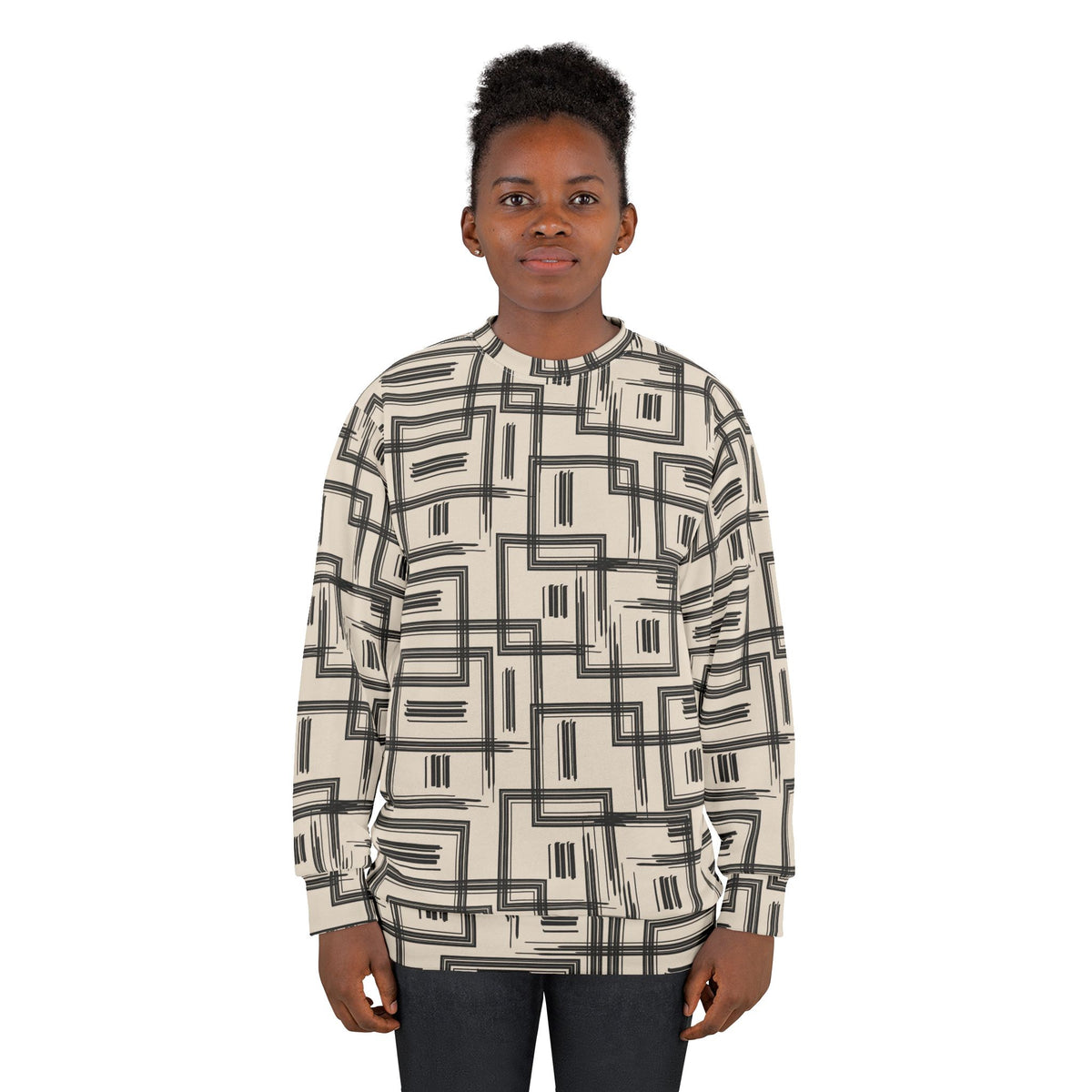 Sweat-shirt Muta à imprimé grille géométrique, porté de face par un second modèle