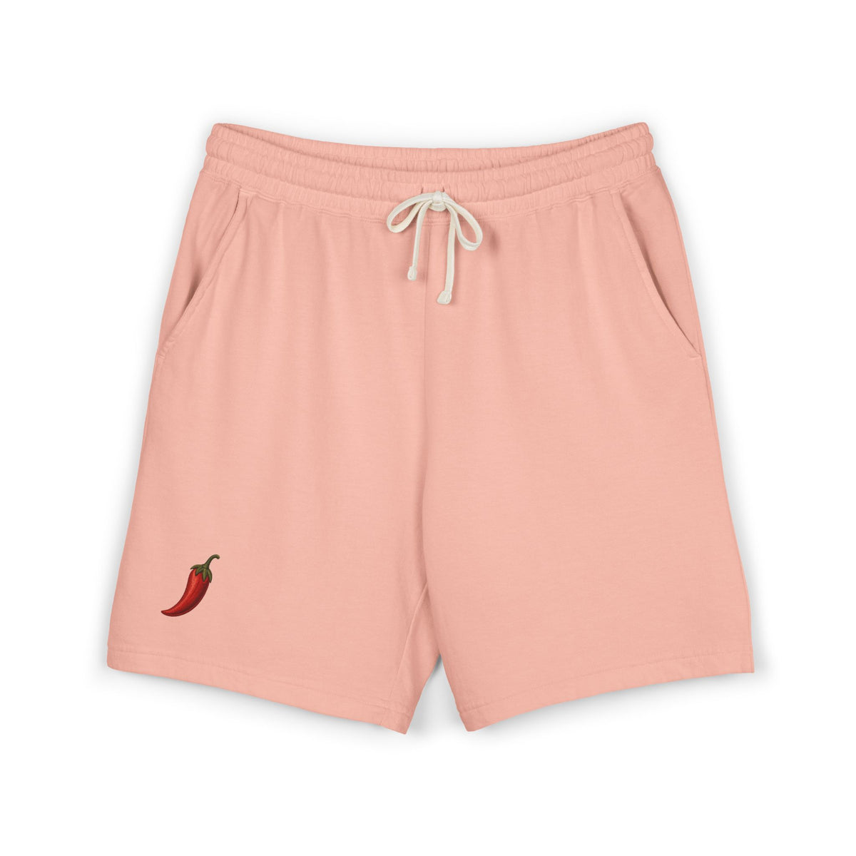 Short molleton Muta coloris Peachy, broderie piment rouge, vue de face