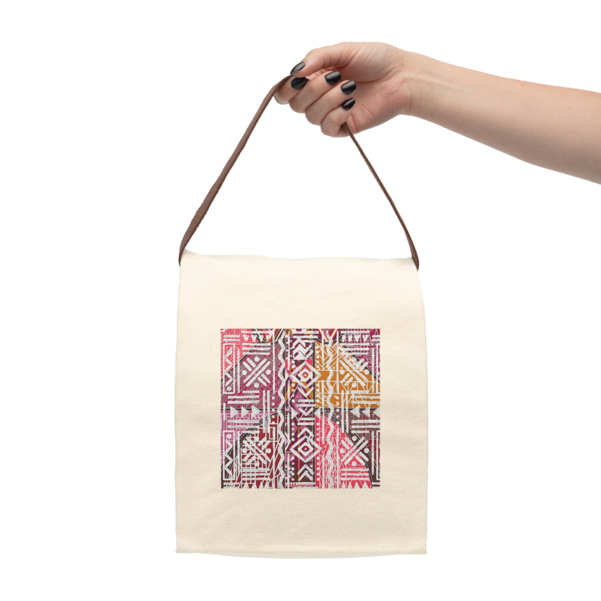 Durable 100% natural cotton Canvas Lunch Bag — Boho Tribal Watercolor Print with Strap