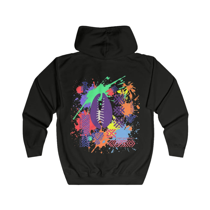 Yellow Zip Hoodie with Colorful Cowrie Shell Graphic — Tropical Beach Vibes, Summer Festival Zip-Up