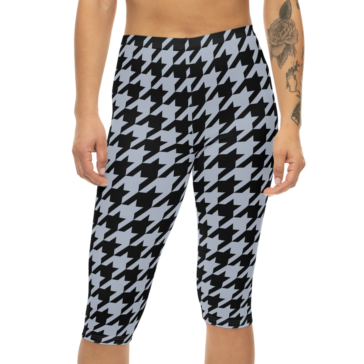 Legging corsaire Muta pied-de-poule noir et blanc, coutures blanches, visuel 2