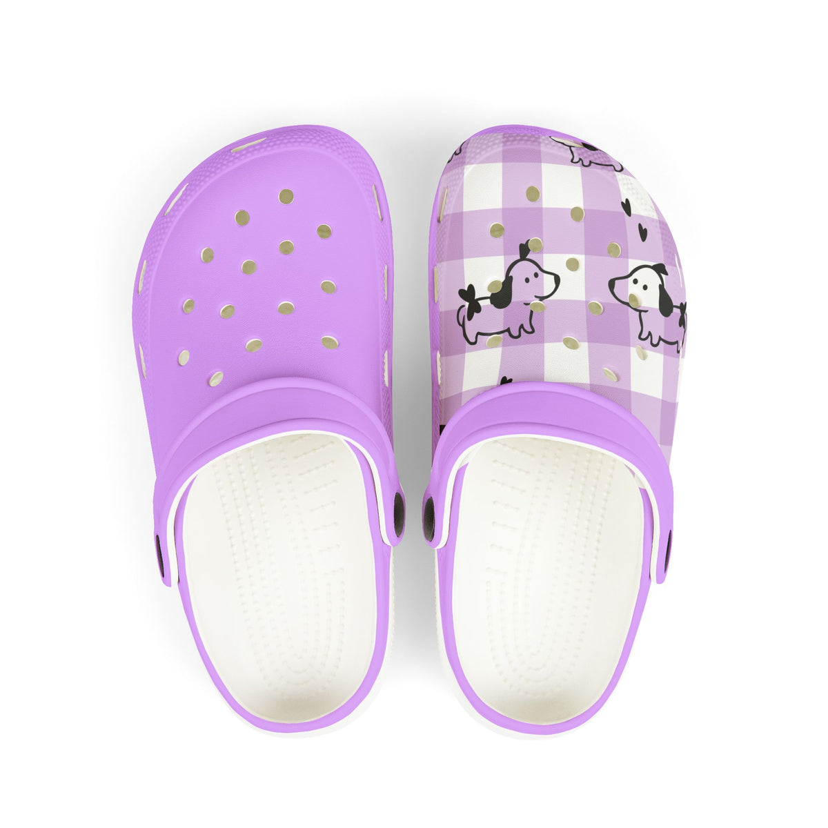 Sabots enfant Muta en mousse EVA, carreaux violets et motif chiot, vue de face