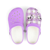 Sabots enfant Muta en mousse EVA, carreaux violets et motif chiot, vue de face
