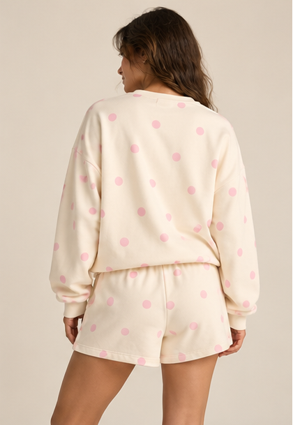 Ensemble sweat oversize et short crème à pois roses