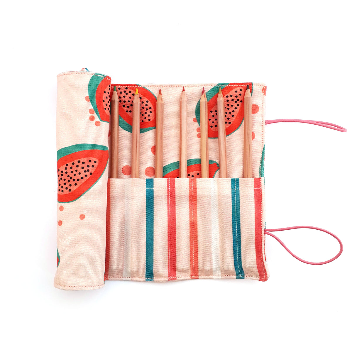 Trousse longue Papaya Muta ouverte avec crayons de couleur Viarco