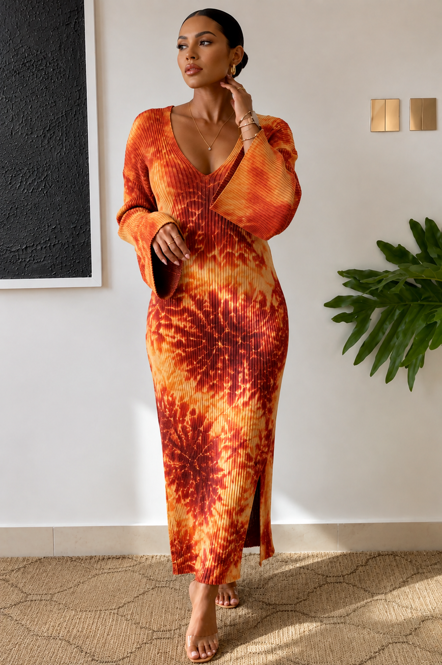 Robe longue côtelée tie-dye orange et rouille, collection automne Muta