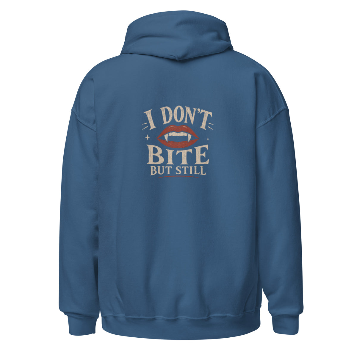Sweat à capuche « I don't bite » Muta coloris Indigo Blue, vue de dos