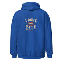 Sweat à capuche « I don't bite » Muta coloris Royal, vue de dos