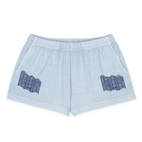Short garment-dyed Muta coloris Light Washed Denim, vue de face